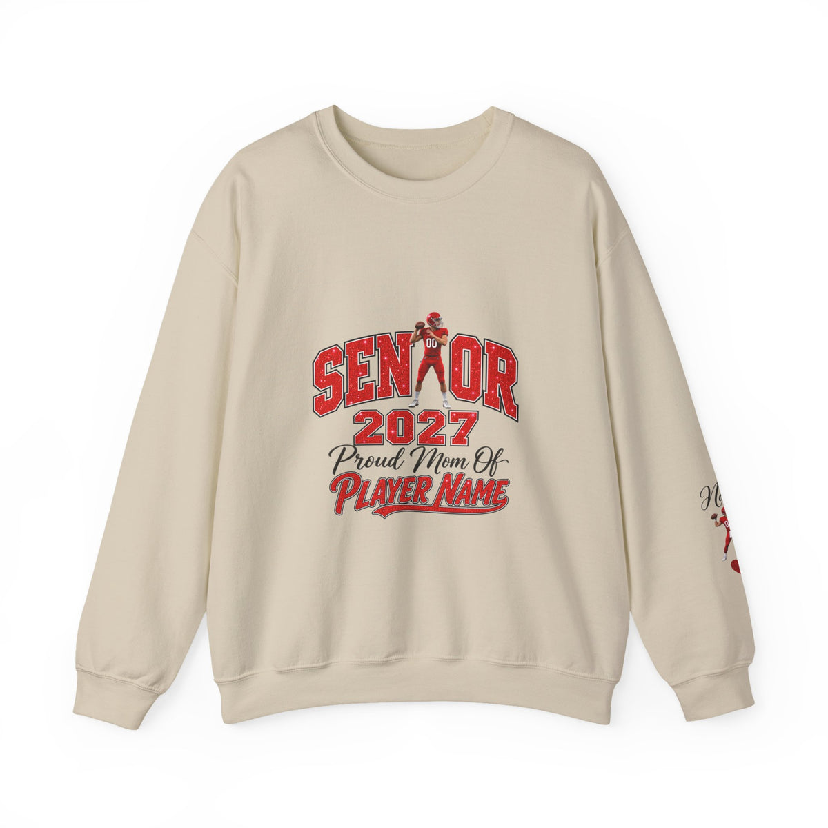 Personalized Senior Mom 2027 Sweatshirt — Quarterback Photo & Sleeve Heart