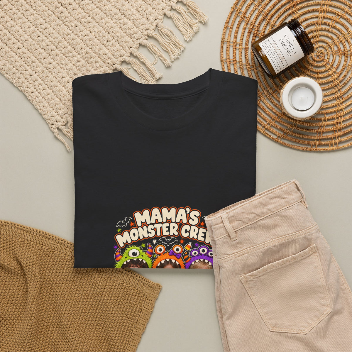 MAMA'S MONSTER CREW – Personalized Halloween Mom Photo T-Shirt – 3 Kids Photos & Names