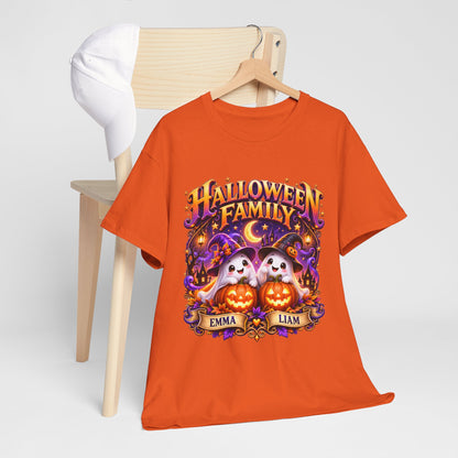 Halloween Family T-Shirt – Personalized Ghosts with Pumpkins (Names: Emma & Liam)