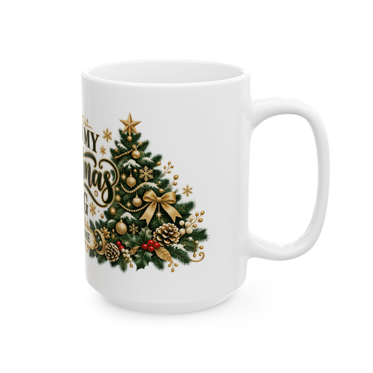 Personalized This Is My Christmas Mug — Elegant Green and Gold Trees