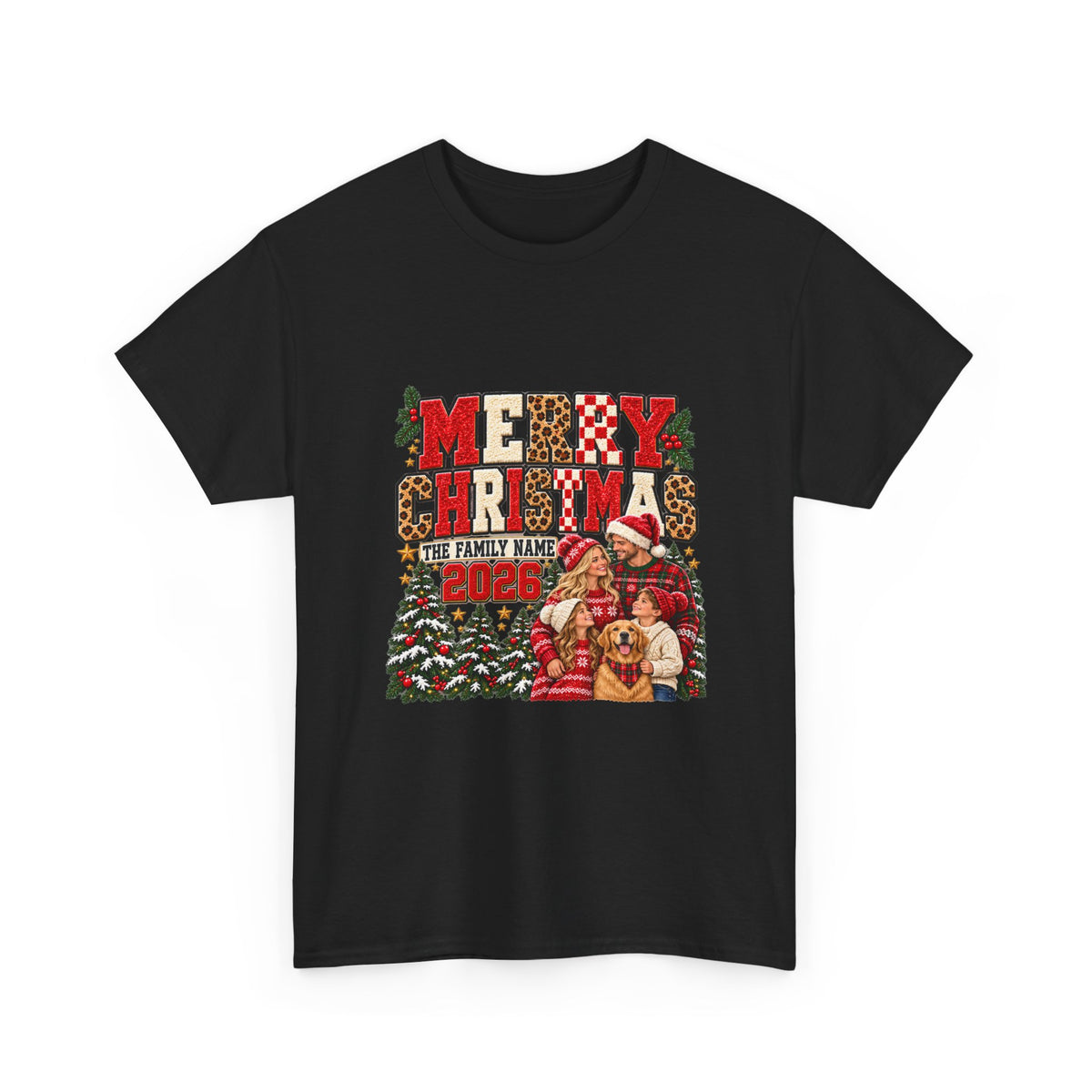 Personalized Merry Christmas Family Photo Shirt — Leopard & Printed Glitter