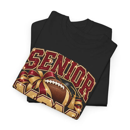 Personalized Senior Mom 2027 Football Shirt – Burgundy Gold Bow, Custom Player Name Number & Team