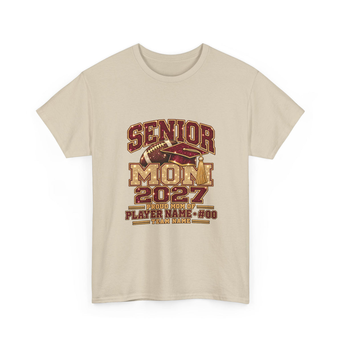 Personalized Senior Mom 2027 Football Shirt – Burgundy Gold Graduation Cap, Custom Player Name Number & Team