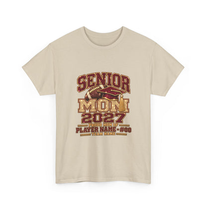 Personalized Senior Mom 2027 Football Shirt – Burgundy Gold Graduation Cap, Custom Player Name Number & Team
