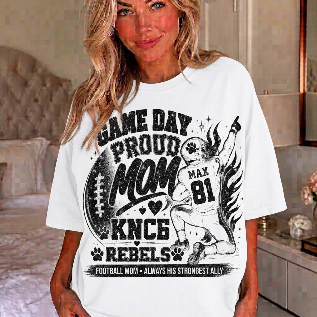 Personalized Football Mom Shirt, Custom Game Day Mom Tee, Player Name Number Team, Glitter Effect Football Mom Gift