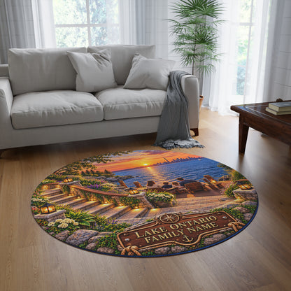Personalized Lake Ontario Family Round Rug – Printed 3D Staircase Illusion, Custom Family Name