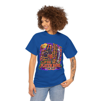 Personalized Halloween Football Mom Shirt, Proud Mom of Player, Custom Player Name Team Name Number, Glitter Effect Game Day Mom Tee