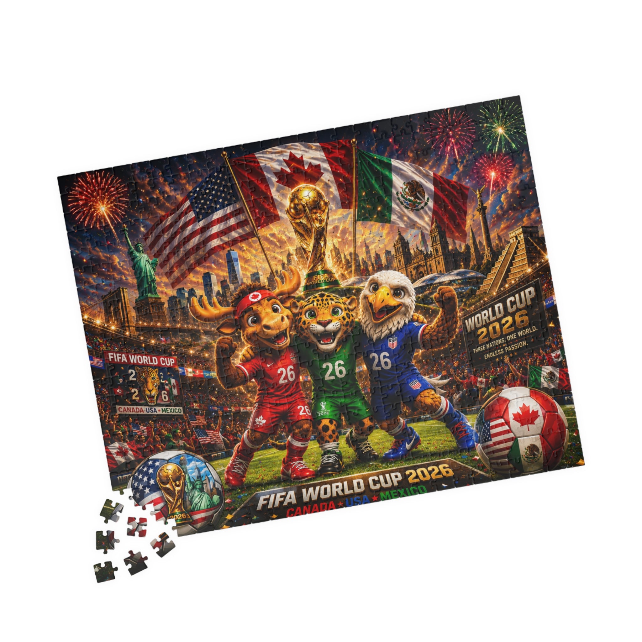 FIFA World Cup 2026 Soccer Mascot Jigsaw Puzzle — Canada USA Mexico Stadium Scene (110/252/520/1014 pcs)