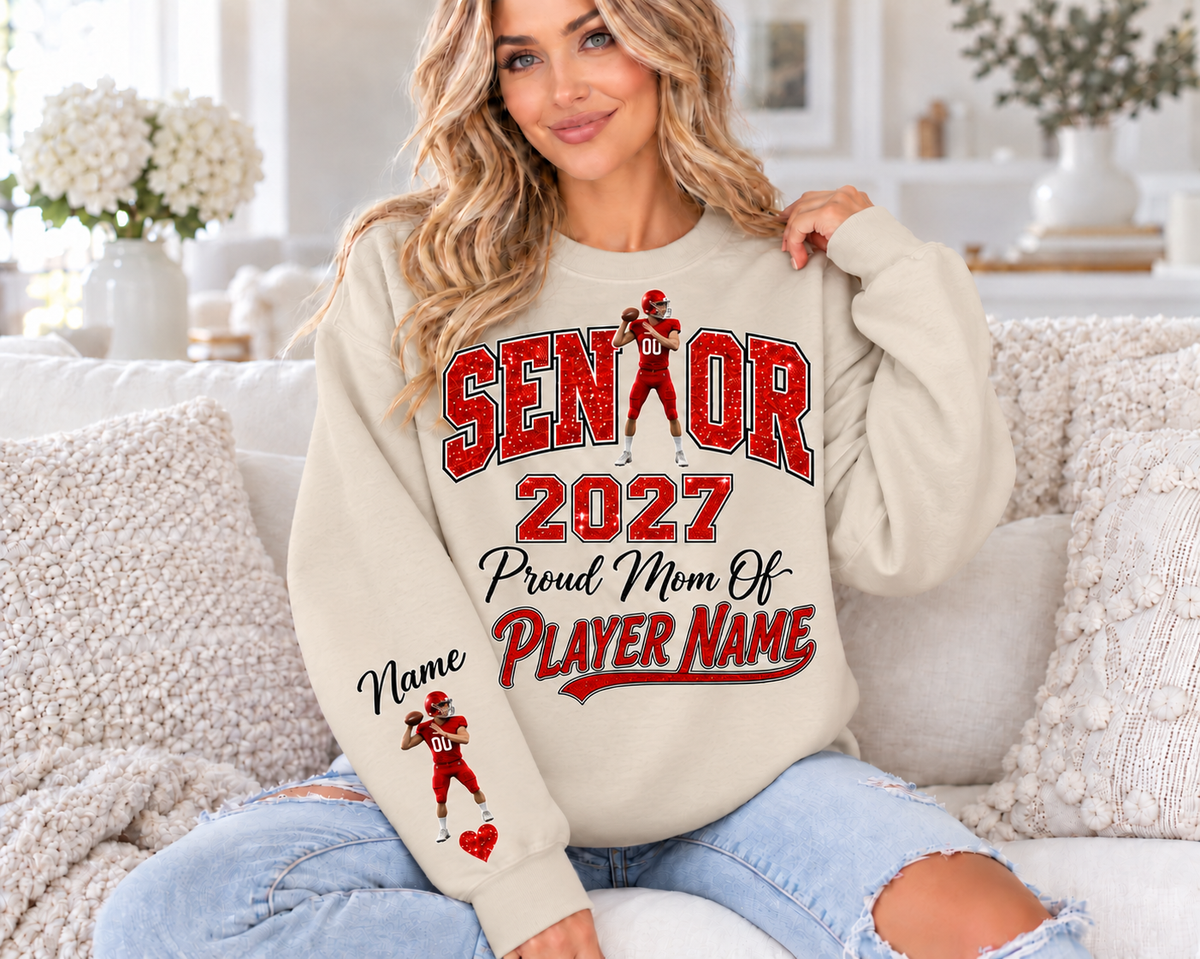 Sand sweatshirt with red printed glitter — Senior Mom 2027