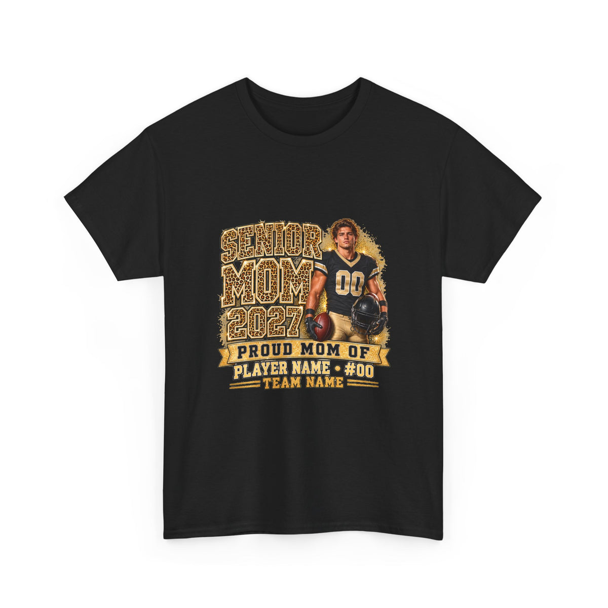 Personalized Senior Mom 2027 Leopard Football Photo Shirt – Gold Glitter Effect, Proud Mom of, Custom Player Name Number & Team
