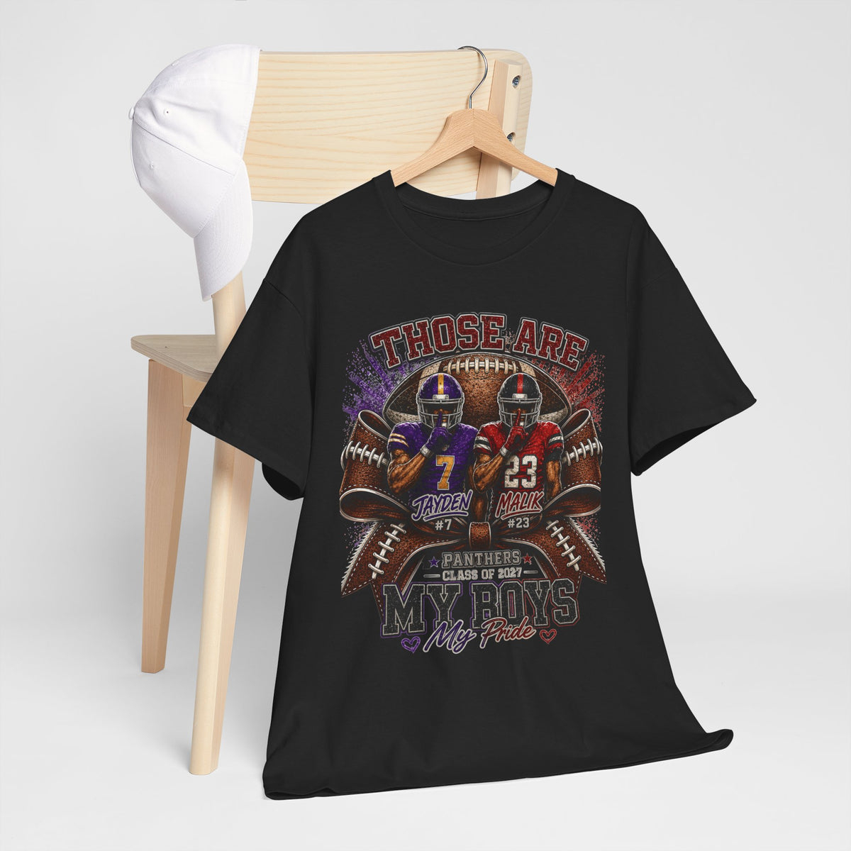 Personalized Football Mom Shirt, My Boys My Pride, Custom 2 Player Names & Numbers, Senior Mom 2027, Game Day Mom Tee