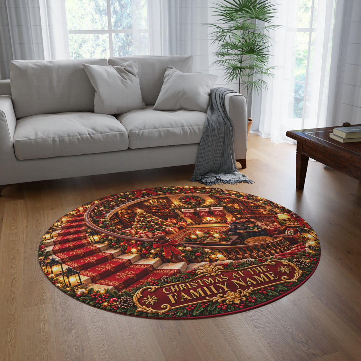 Personalized Christmas Family Photo Round Rug – Printed 3D Staircase Illusion, Custom Family Name