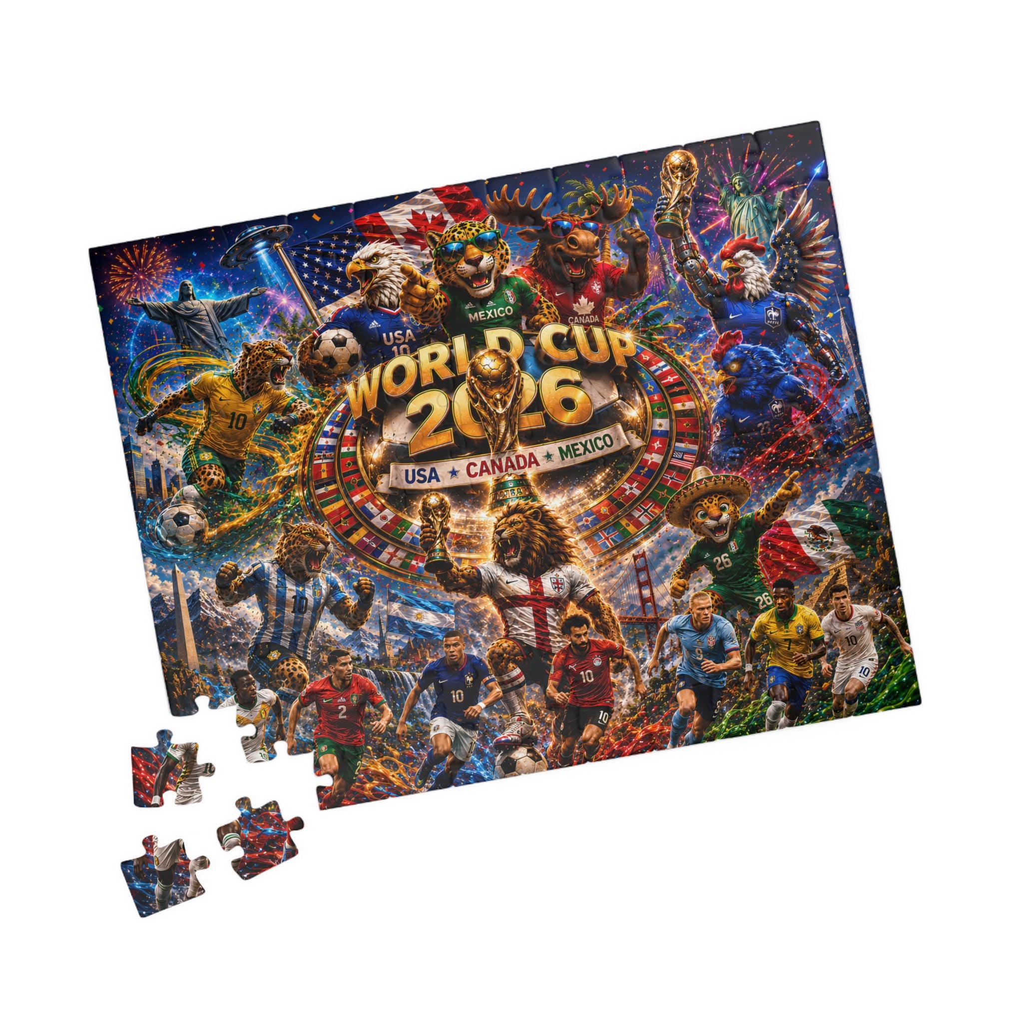 World Cup 2026 Soccer Collage Puzzle – USA Canada Mexico Stadium Celebration (110/252/520/1014 pcs)