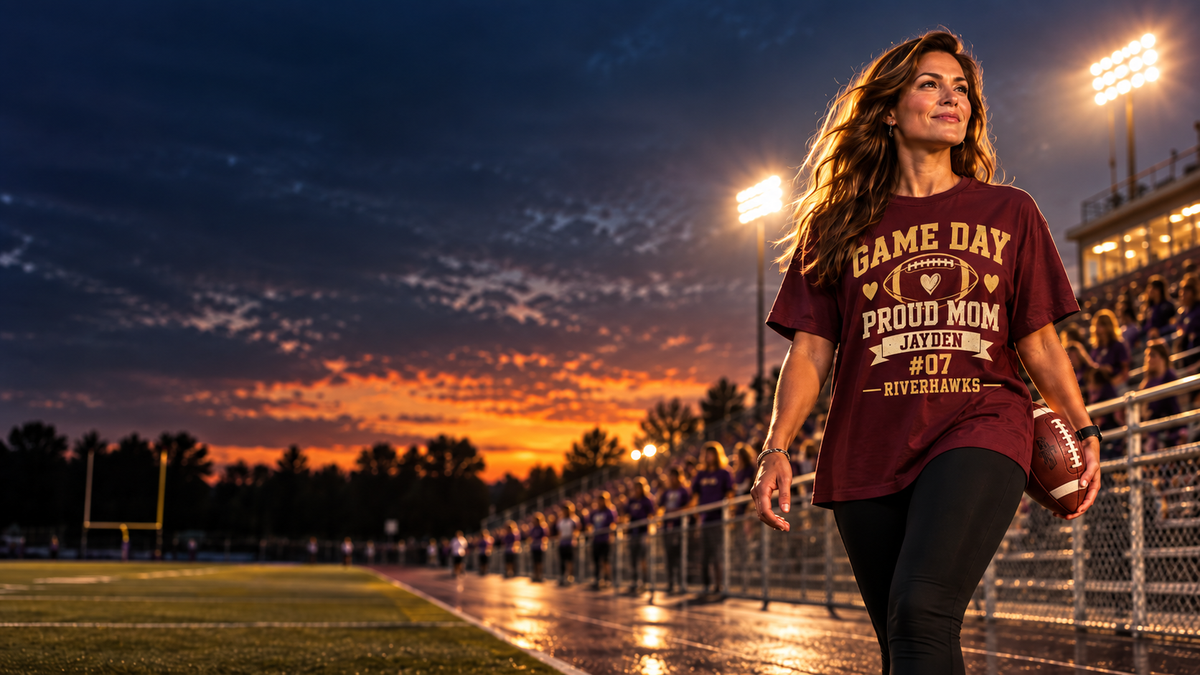 Personalized football mom shirt at the stadium