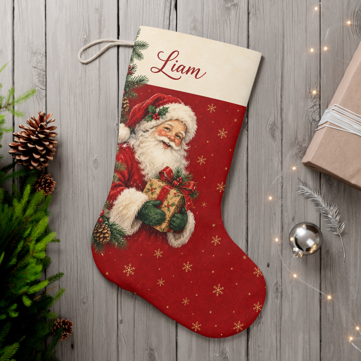 Personalized Santa Christmas Stocking — Name & Colored Printed Glitter