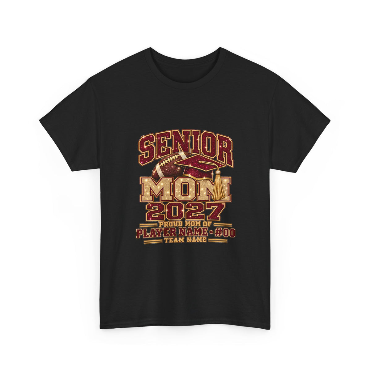 Personalized Senior Mom 2027 Football Shirt – Burgundy Gold Graduation Cap, Custom Player Name Number & Team