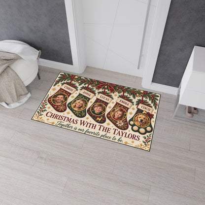 Personalized Christmas Family & Pet Photo Floor Mat — Gold Glitter Effect