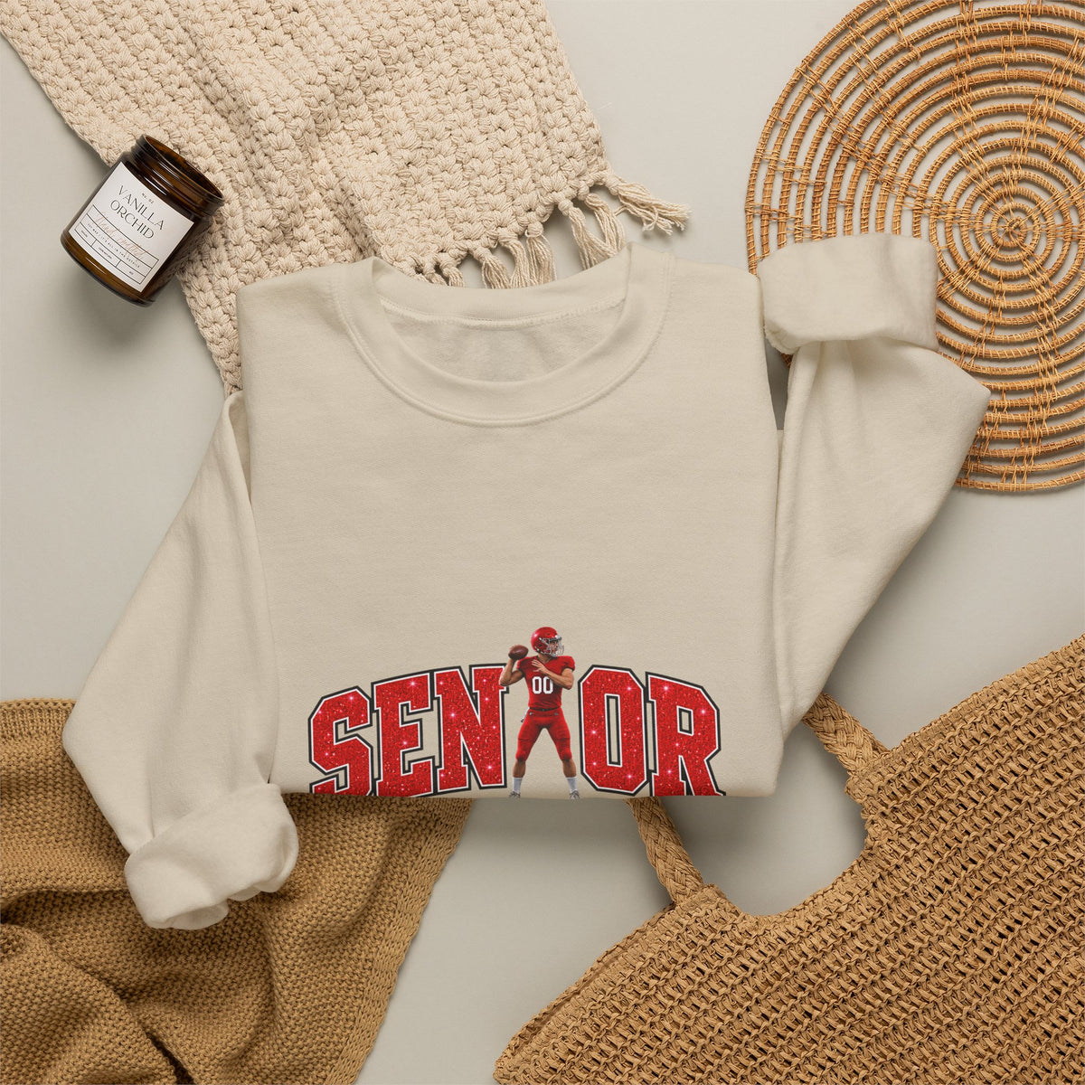 Personalized Senior Mom 2027 Sweatshirt — Quarterback Photo & Sleeve Heart