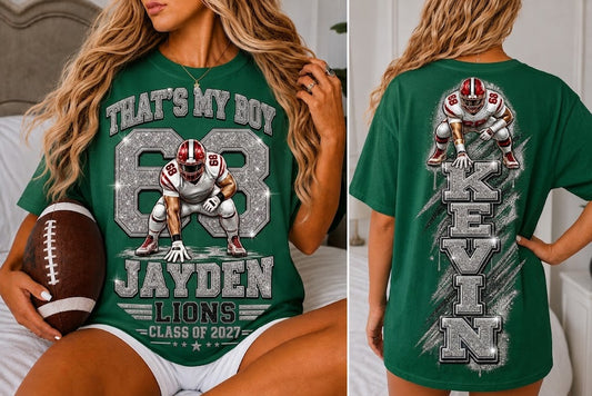 Personalized Football Mom Shirt, Custom Player Name Number Tee, Senior 2027 Mom Shirt, Lineman Game Day Shirt, Glitter Effect