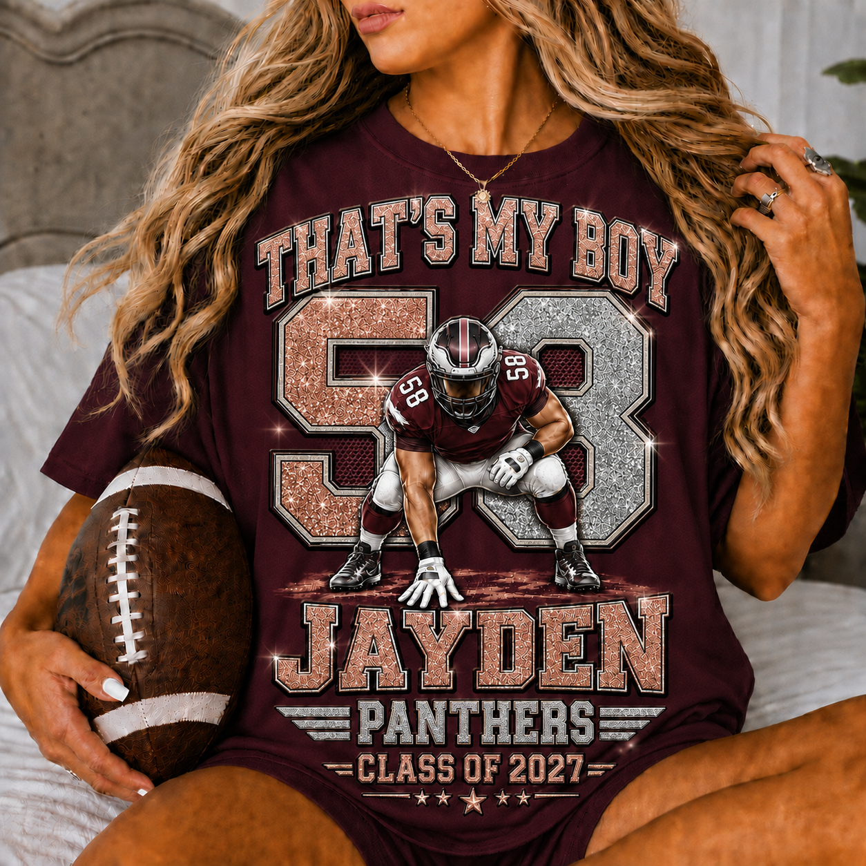 Personalized Football Mom Shirt, Custom Player Name Number Tee, Senior 2027 Mom Shirt, Lineman Game Day Shirt, Glitter Effect
