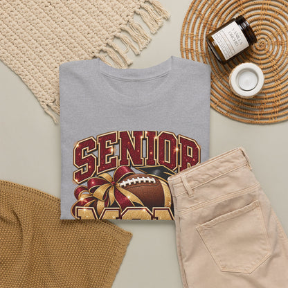 Personalized Senior Mom 2027 Football Shirt – Burgundy Gold Bow, Custom Player Name Number & Team