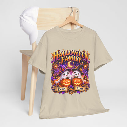 Halloween Family T-Shirt – Personalized Ghosts with Pumpkins (Names: Emma & Liam)