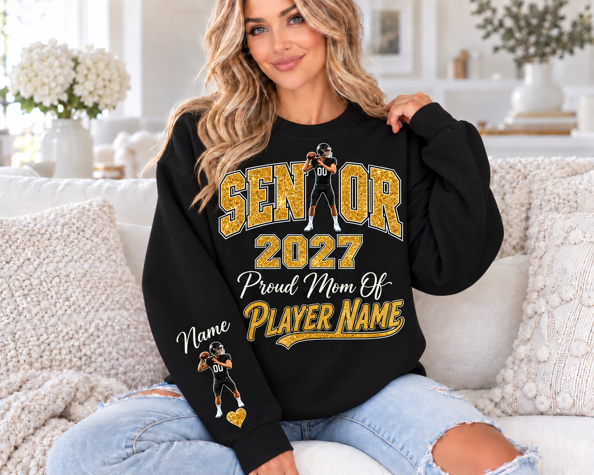 Concept mockup: Black sweatshirt with gold printed glitter. Black is not yet in available color selector.