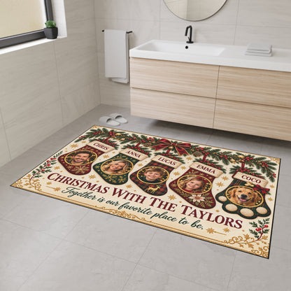 Personalized Christmas Family & Pet Photo Floor Mat — Gold Glitter Effect