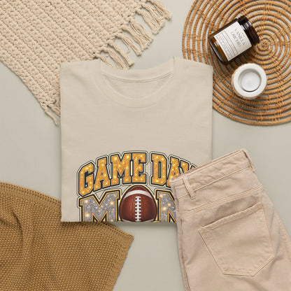 Personalized Game Day Mom Football Shirt – Gold Silver Leopard Bow, Custom Player Name Number & Team