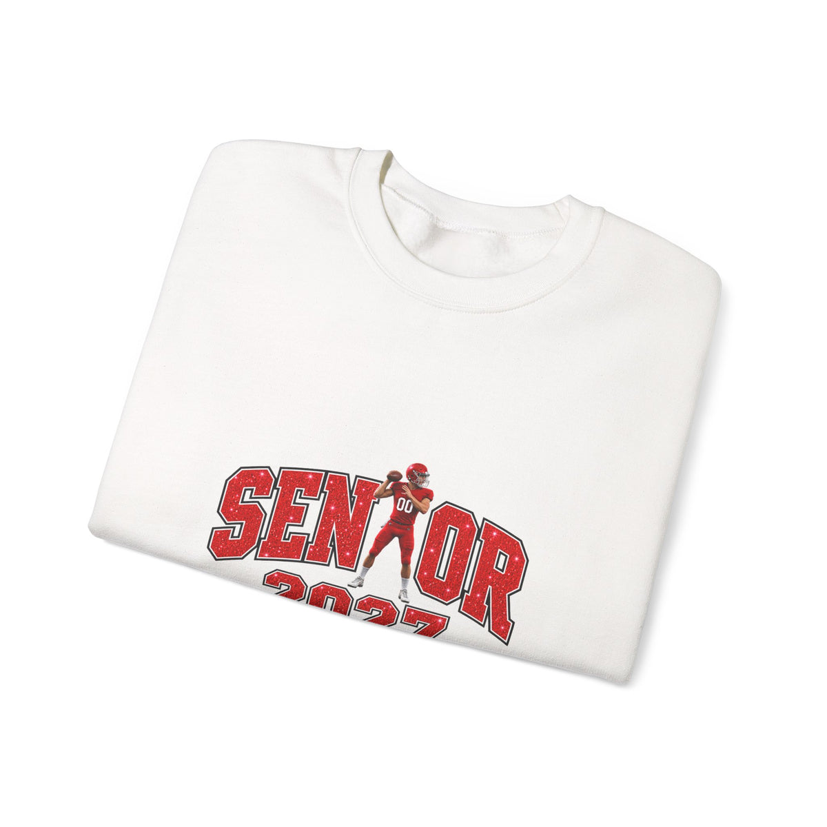 Personalized Senior Mom 2027 Sweatshirt — Quarterback Photo & Sleeve Heart