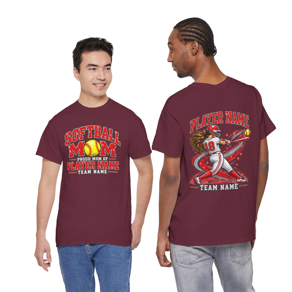 Personalized Softball Mom Shirt, Proud Mom of Player Name, Custom Team Name & Number, Glitter Effect Game Day Tee, Front and Back