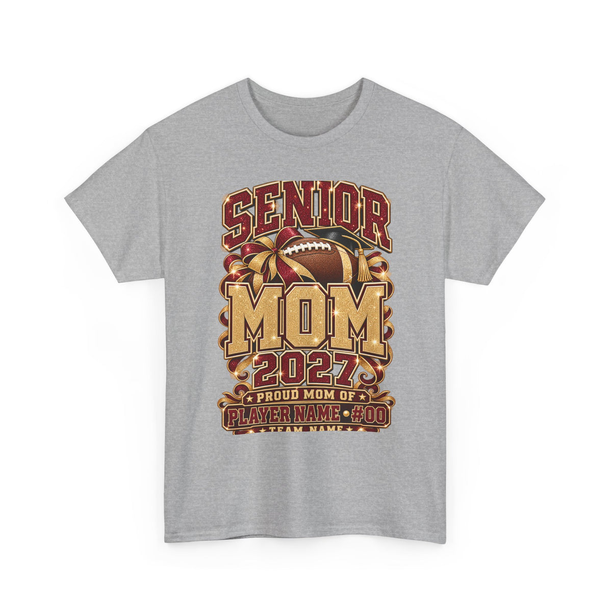 Personalized Senior Mom 2027 Football Shirt – Burgundy Gold Bow, Custom Player Name Number & Team