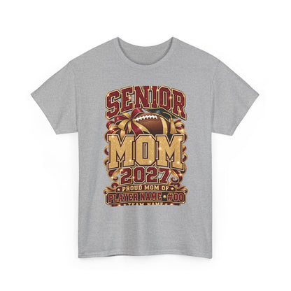 Personalized Senior Mom 2027 Football Shirt – Burgundy Gold Bow, Custom Player Name Number & Team