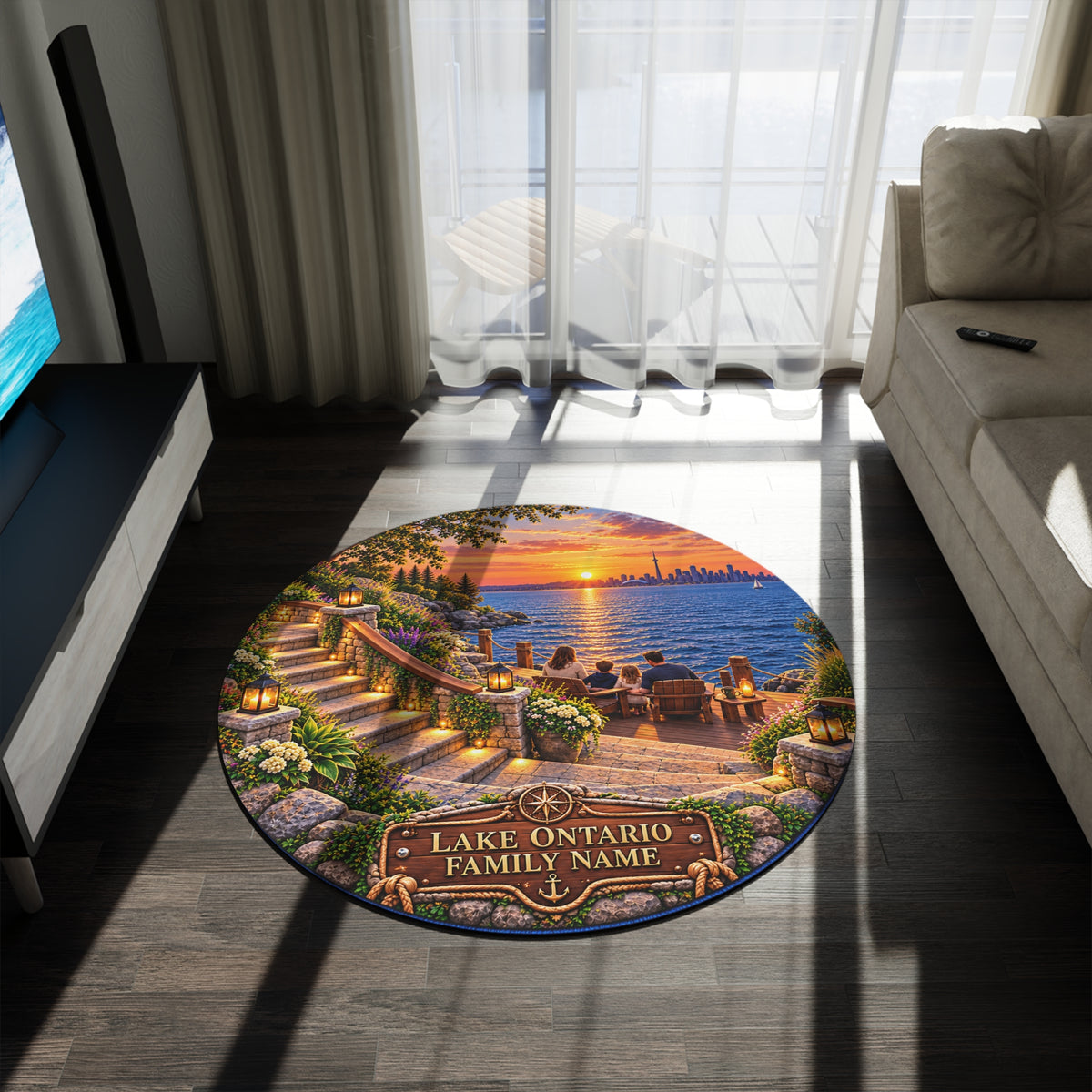 Personalized Lake Ontario Family Round Rug – Printed 3D Staircase Illusion, Custom Family Name