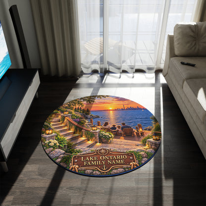 Personalized Lake Ontario Family Round Rug – Printed 3D Staircase Illusion, Custom Family Name