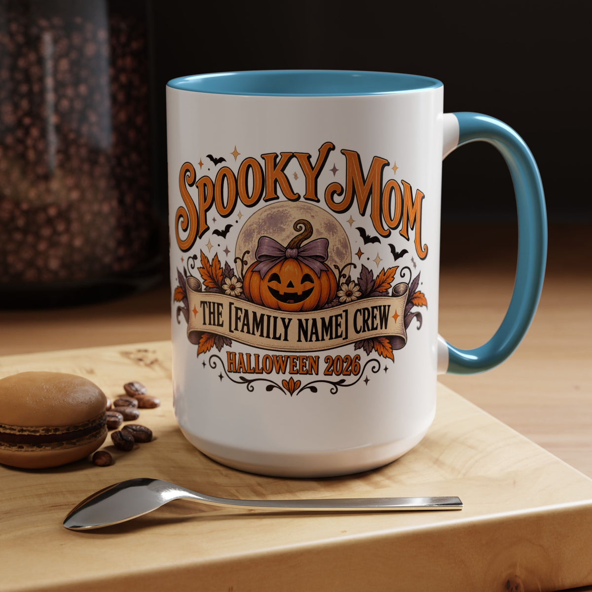 Personalized Spooky Mom Halloween Mug, Custom Family Name Coffee Cup, Halloween Mom Gift, Pumpkin Mug, Fall Gift for Mom