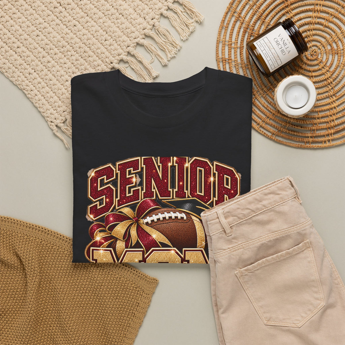 Personalized Senior Mom 2027 Football Shirt – Burgundy Gold Bow, Custom Player Name Number & Team
