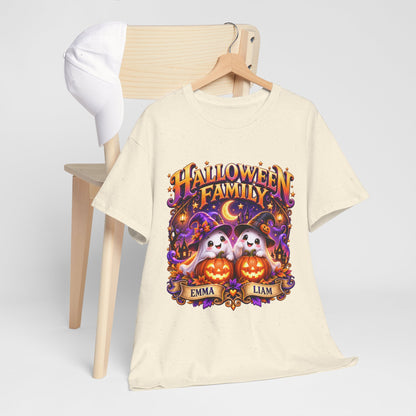 Halloween Family T-Shirt – Personalized Ghosts with Pumpkins (Names: Emma & Liam)