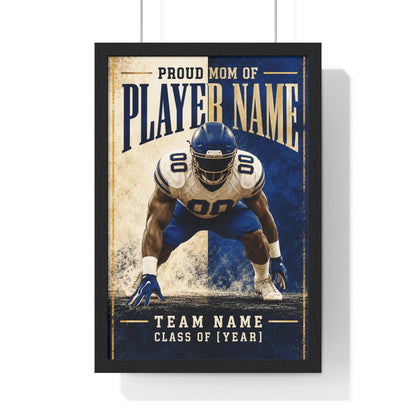Personalized Proud Mom Football Framed Photo Poster – Blue Defensive Player – Custom Name, Team & Graduation Year