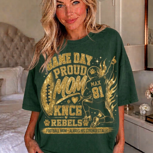 Personalized Football Mom Shirt, Custom Game Day Mom Tee, Player Name Number Team, Glitter Effect Football Mom Gift
