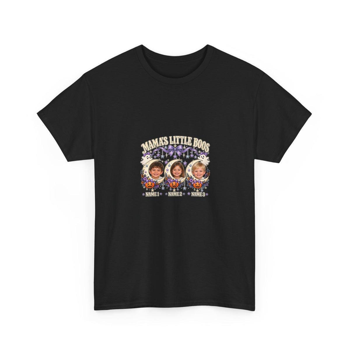 MAMA'S LITTLE BOOS – Personalized Halloween Mom Photo T-Shirt – 3 Kids Photos & Names