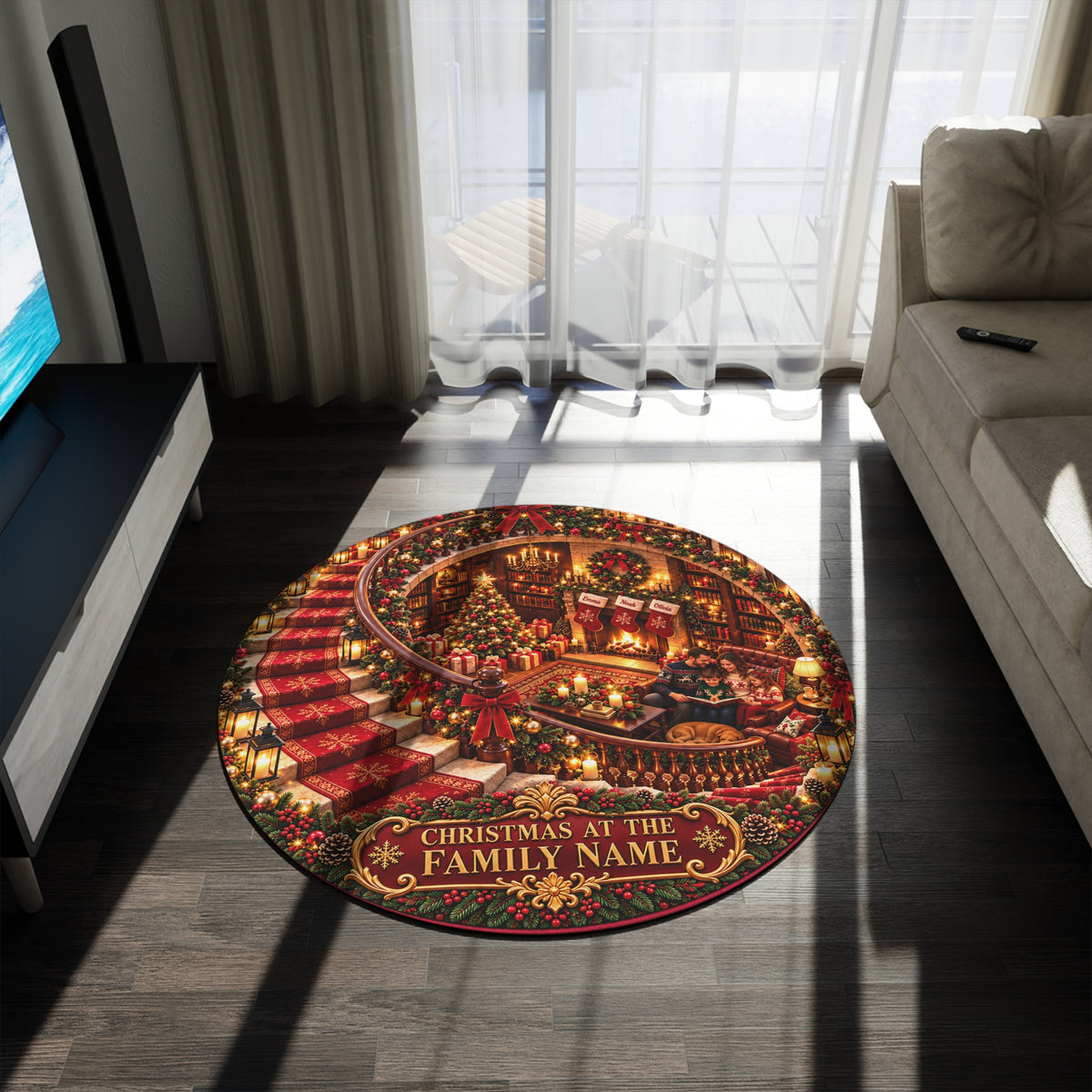 Personalized Christmas Family Photo Round Rug – Printed 3D Staircase Illusion, Custom Family Name