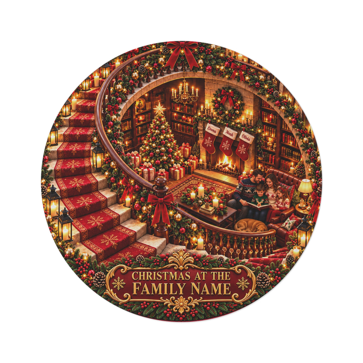 Personalized Christmas Family Photo Round Rug – Printed 3D Staircase Illusion, Custom Family Name