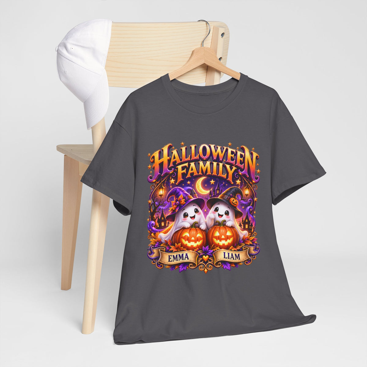 Halloween Family T-Shirt – Personalized Ghosts with Pumpkins (Names: Emma & Liam)