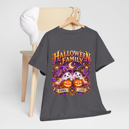 Halloween Family T-Shirt – Personalized Ghosts with Pumpkins (Names: Emma & Liam)