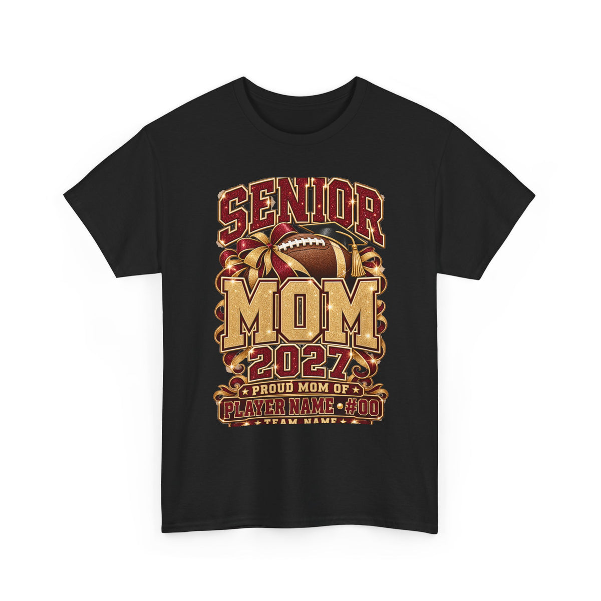 Personalized Senior Mom 2027 Football Shirt – Burgundy Gold Bow, Custom Player Name Number & Team
