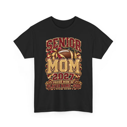Personalized Senior Mom 2027 Football Shirt – Burgundy Gold Bow, Custom Player Name Number & Team
