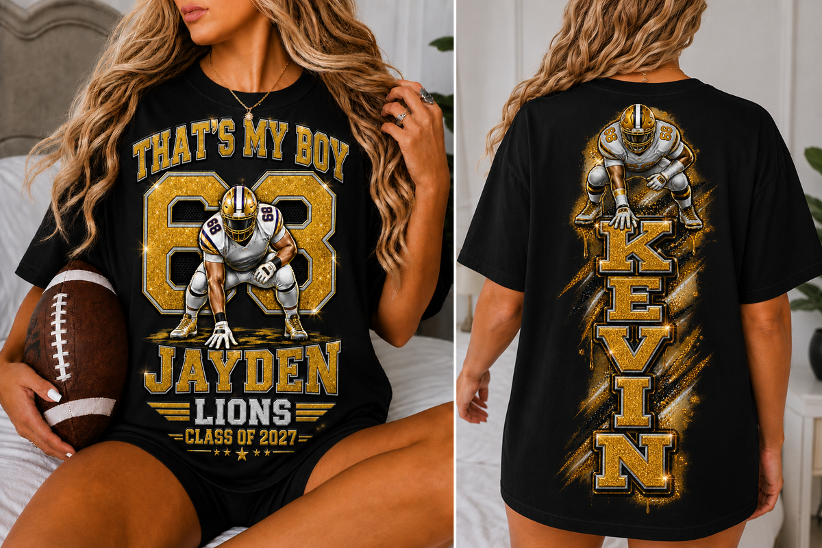 Personalized Football Mom Shirt, Custom Player Name Number Tee, Senior 2027 Mom Shirt, Lineman Game Day Shirt, Glitter Effect