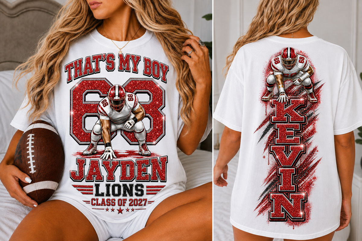 Personalized Football Mom Shirt, Custom Player Name Number Tee, Senior 2027 Mom Shirt, Lineman Game Day Shirt, Glitter Effect