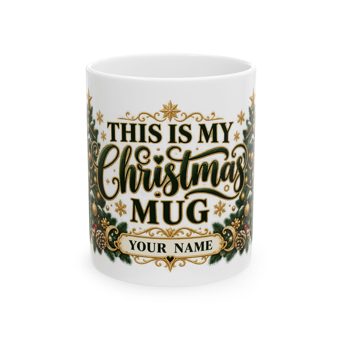 Personalized This Is My Christmas Mug — Elegant Green and Gold Trees